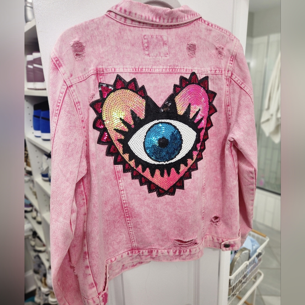 Evil Eye Distressed Jean Jacket, Pink Size Large, EUC